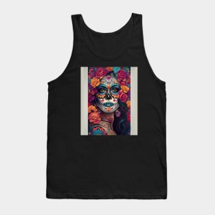 Expressive Sugar Skull Art: Woman in Festive Skull Makeup Tank Top